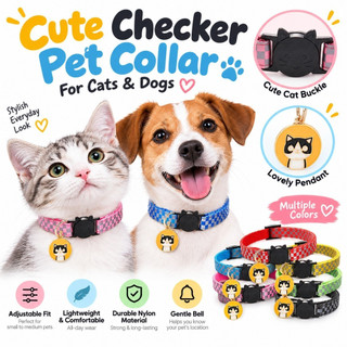 Coleira refletora para gatos, com padrão quadriculado e ajuste personalizável, ideal para gatos e cães de pequeno porte.