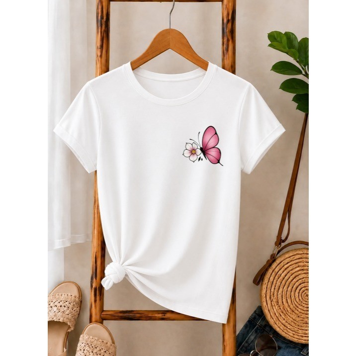 Camiseta Borboleta Infantil Adulto feminina T-Shirt Estampada Estilosa Tecido em Algodão 2 ao 16 e P ao GG