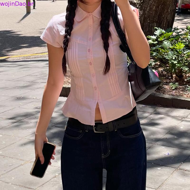 R ROCKMORE [Preppy Girl] Csa rosa plissada m fit com lapela de peito único estilo simples Top combinado