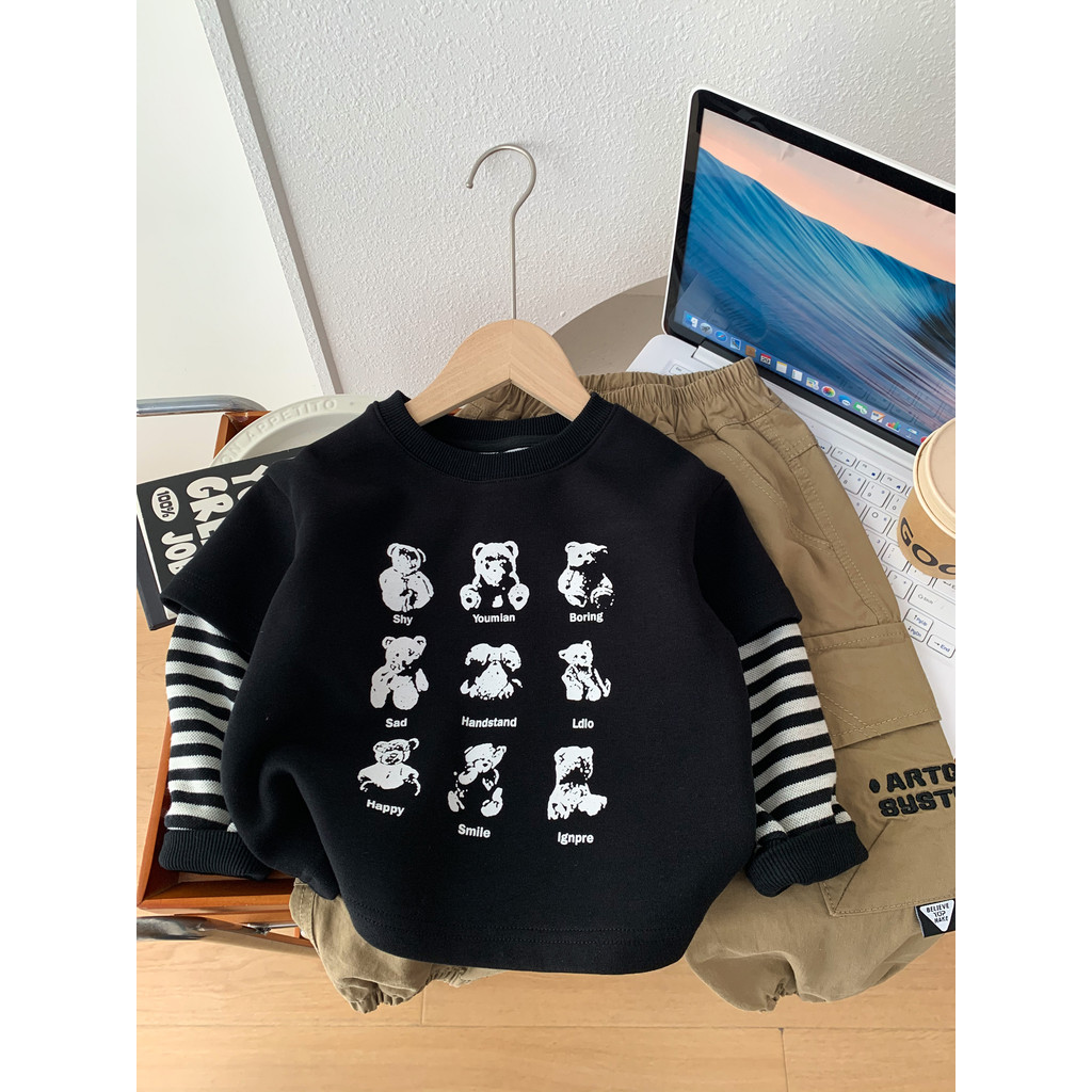 Crianças dos desenhos animados urso de manga comprida camiseta primavera outono estilo ocidental camisa de fundo 2026 no