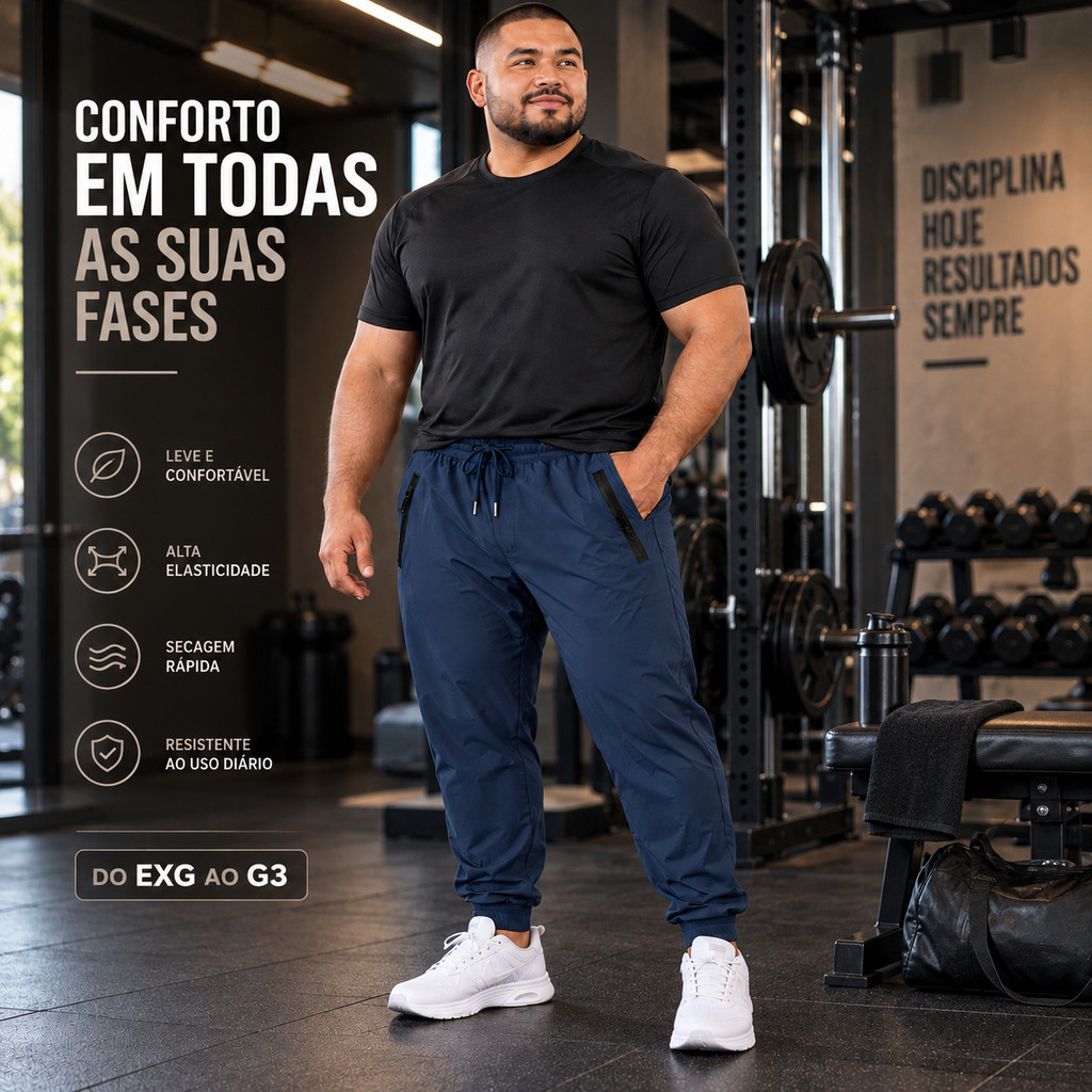 Calça Jogger Masculina Plus Size Poliamida com Elastano Esportiva Leve Academia Casual Confortavel Bolsos com Zíper