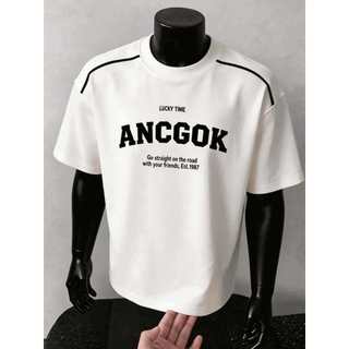 Americano Casual costura moda estilo rua carta impressão de manga curta camiseta masculina solta ombro caído topo de alg