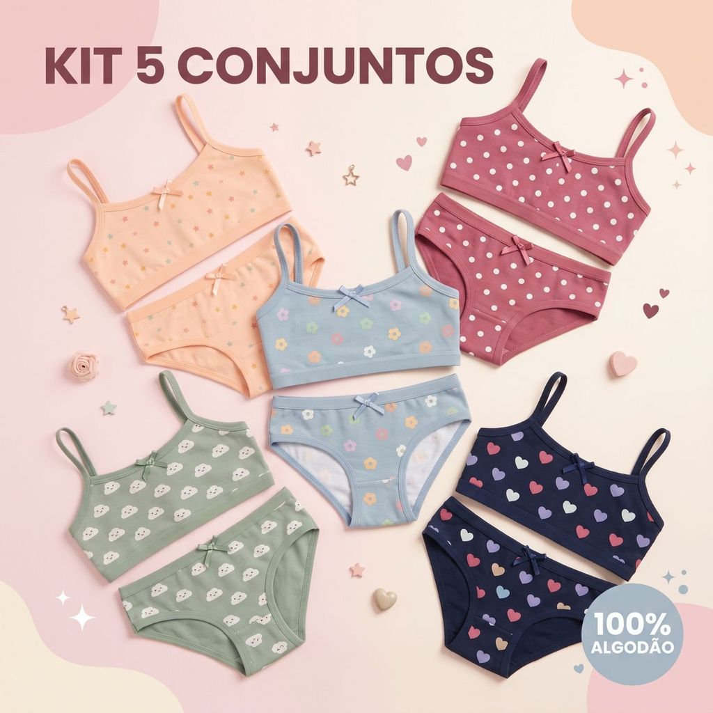 Kit 5 Conjuntos Cotton Roupa Intima Infantil Menina Sutiã e Calcinha Estampas Sortidas