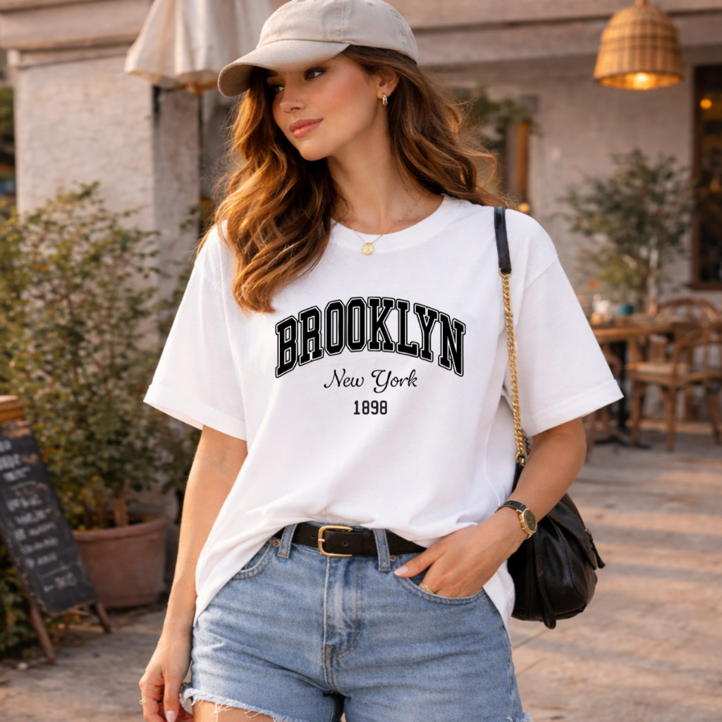Camiseta Feminina Oversized New York Brooklyn Blusa Algodão Unissex Casual Treino Confortável