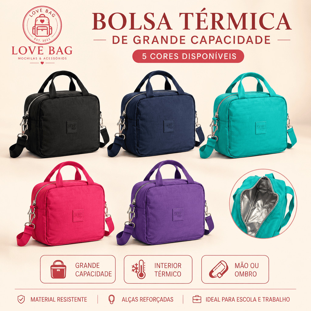 Lancheira Bolsa Térmica Juvenil em Nylon com Alça Transversal para Marmita Trabalho Escola