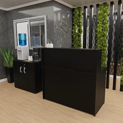 Kit 2 Peças com Balcão para Atendimento Recepção Consultório e Armário Multiuso Baixo Preto Preto
