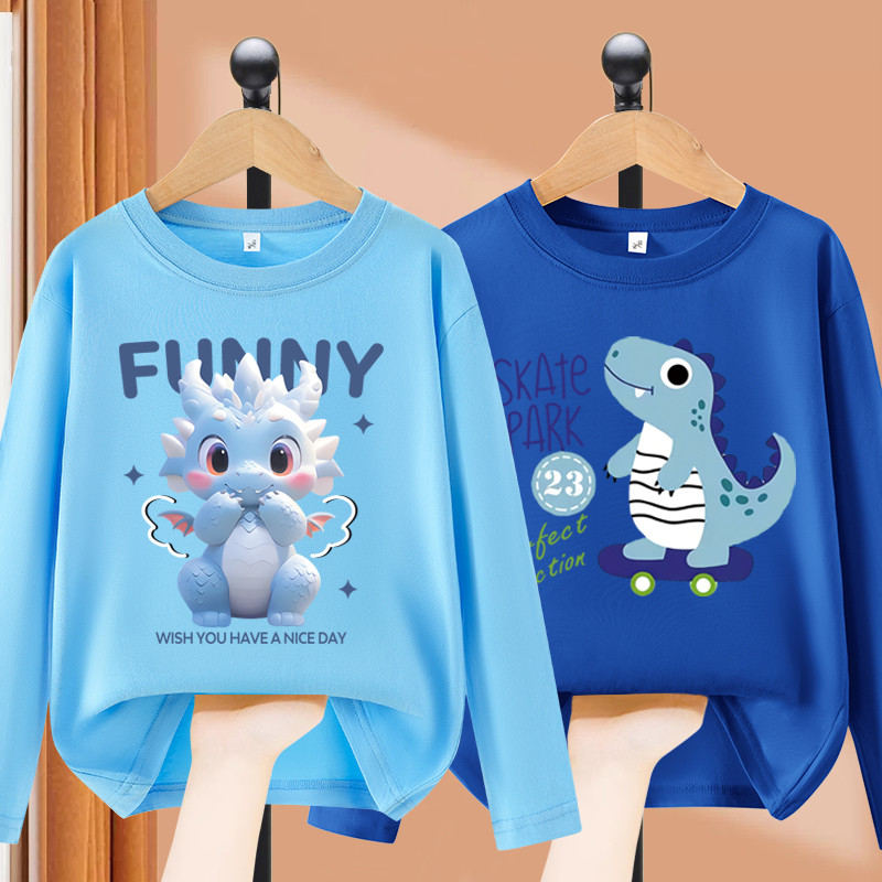 Crianças puro algodão camiseta 2026 novo estilo roupas infantis pequeno dinossauro impressão em torno do pescoço primave