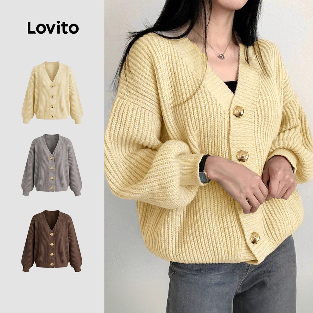 Lovito Cardigãs Casuais Botão Frontal Pregas Cinza Outono/inverno para mulheres CDNS149P1D468