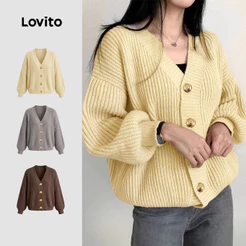 Lovito Cardigãs Casuais Botão Frontal Pregas Cinza Outono/inverno para mulheres CDNS149P1D468