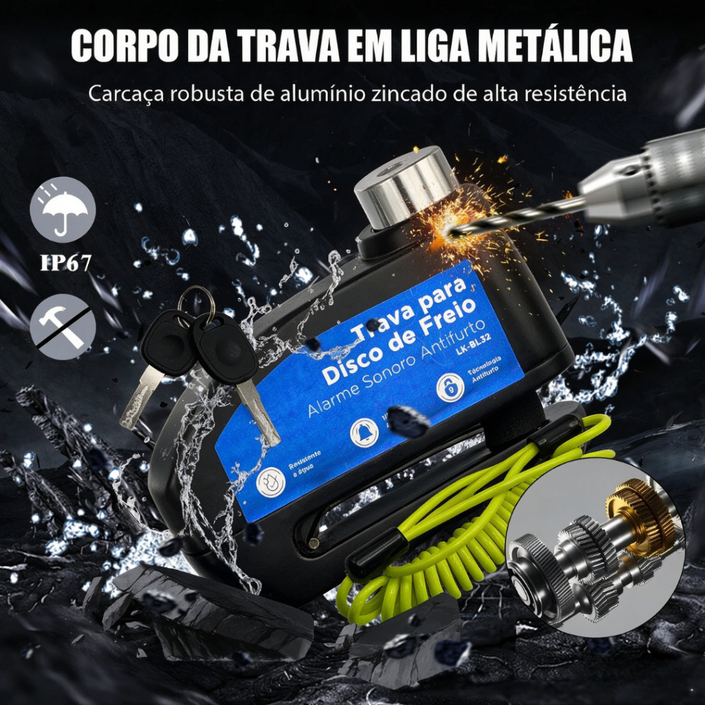 Trava de Disco com Alarme 110dB Luatek LK-BL32 Antifurto para Moto e Scooter com Cabo de Aviso — imagem 2 de 2
