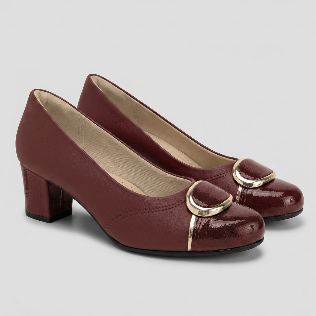 Scarpin Laura Salto Médio Burgundy com Ouro