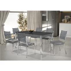 Conjunto Sala de Jantar Mesa Natani 160x90cm com 6 Cadeiras Natani Junco Yescasa Cinza/Preto/Cromado Cinza/Preto/Cromado