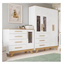 Quarto Infantil com Guarda-Roupa e Cômoda com Janelas 100% MDF Retrô Kakau Espresso Móveis Branco/Brilho/Amêndoa