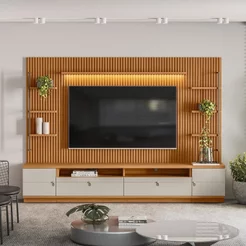 Rack com Painel para TV até 75 Polegadas Ripado com LED MDF Marrom 198x268cm Ouro Preto 268