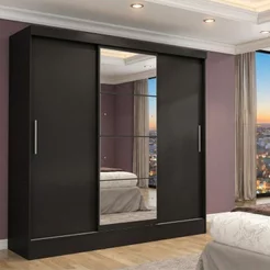 Guarda Roupa Casal com Espelho 3 Portas 2 Gavetas Istambul Espresso Móveis Preto Preto