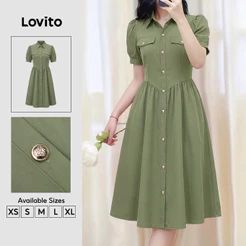 Lovito Vestido Elegante com Bolso Falso Estrutura em Linha Verdeoliva Primavera/verão para mulheres DRK9P1D424