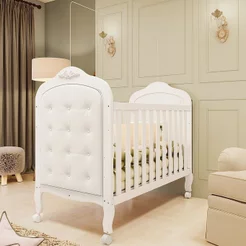 Berço Minicama 3 em 1 com Capitonê 100% MDF Maya Espresso Móveis Branco Brilho/Corino Branco Brilho