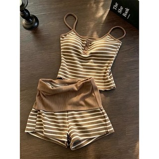 2026 novo estilo coreano listrado estilingue almofada no peito pijamas feminino verão Shorts Loungewear primavera outono
