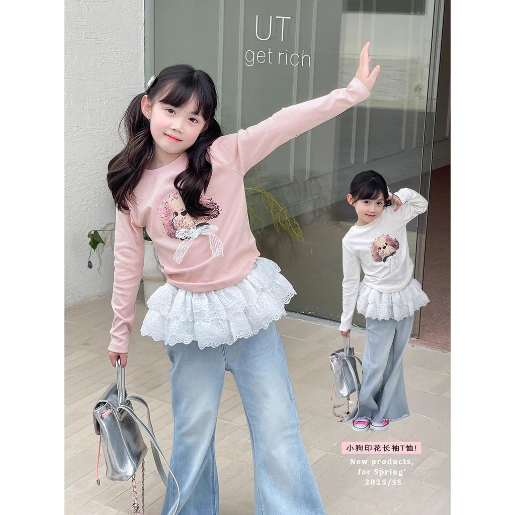 Meninas estilo coreano moda doce dos desenhos animados impressão magro-ajuste curto de manga comprida camiseta crianças 