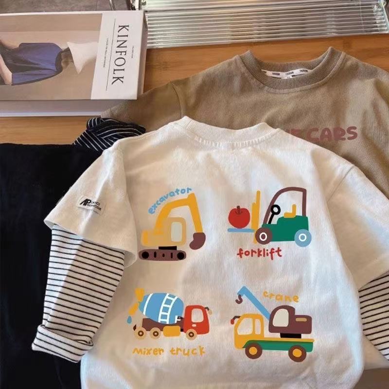 Primavera outono meninos algodão manga comprida camiseta meninos dos desenhos animados escavadeira carro topos falso de 