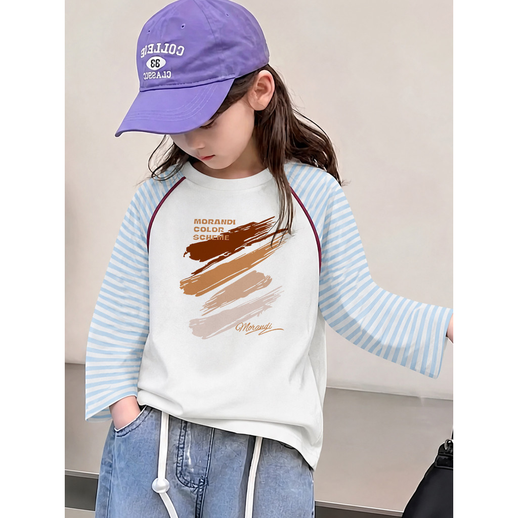 Crianças contraste cor listrado costura manga comprida camiseta de fundo primavera outono novo estilo roupas para menina
