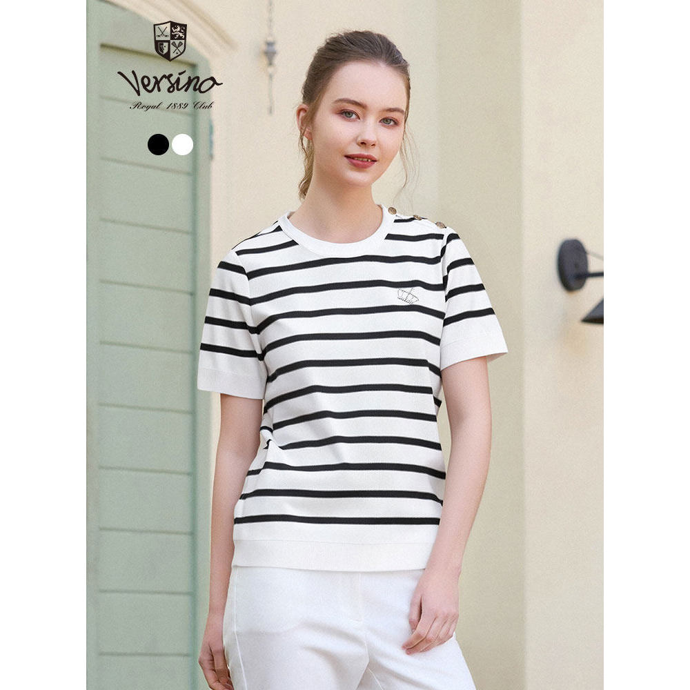 Versino versino feminino verão novo estilo feminino camiseta de manga curta clássico preto branco listrado topo feminino