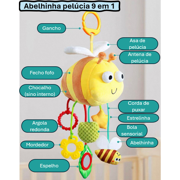 Mobile Abelhinha Pelúcia 9 em 1 com Chocalho Mordedor Espelho - Brinquedo Sensorial Crianças e Bebês