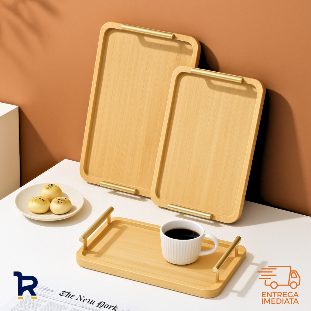 Bandeja Bambu Alça de Metal Kit com 2 - 30x20 e 35x25 Multiuso Decoração Porta Copos Chá Petisqueira em Oferta na Shopee