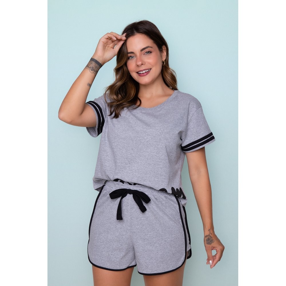 Conjunto Feminino Curto 100% Algodão Mescla Black Verão em Oferta na Shopee