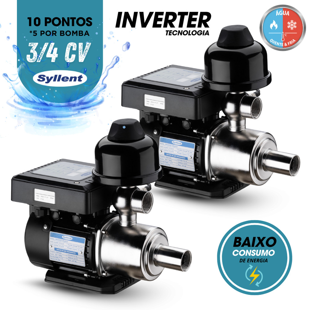 Kit 2 Bomba Pressurizador De Agua 3/4 220 Inverter Press Agua Quente e Fria Syllent 10 Pontos