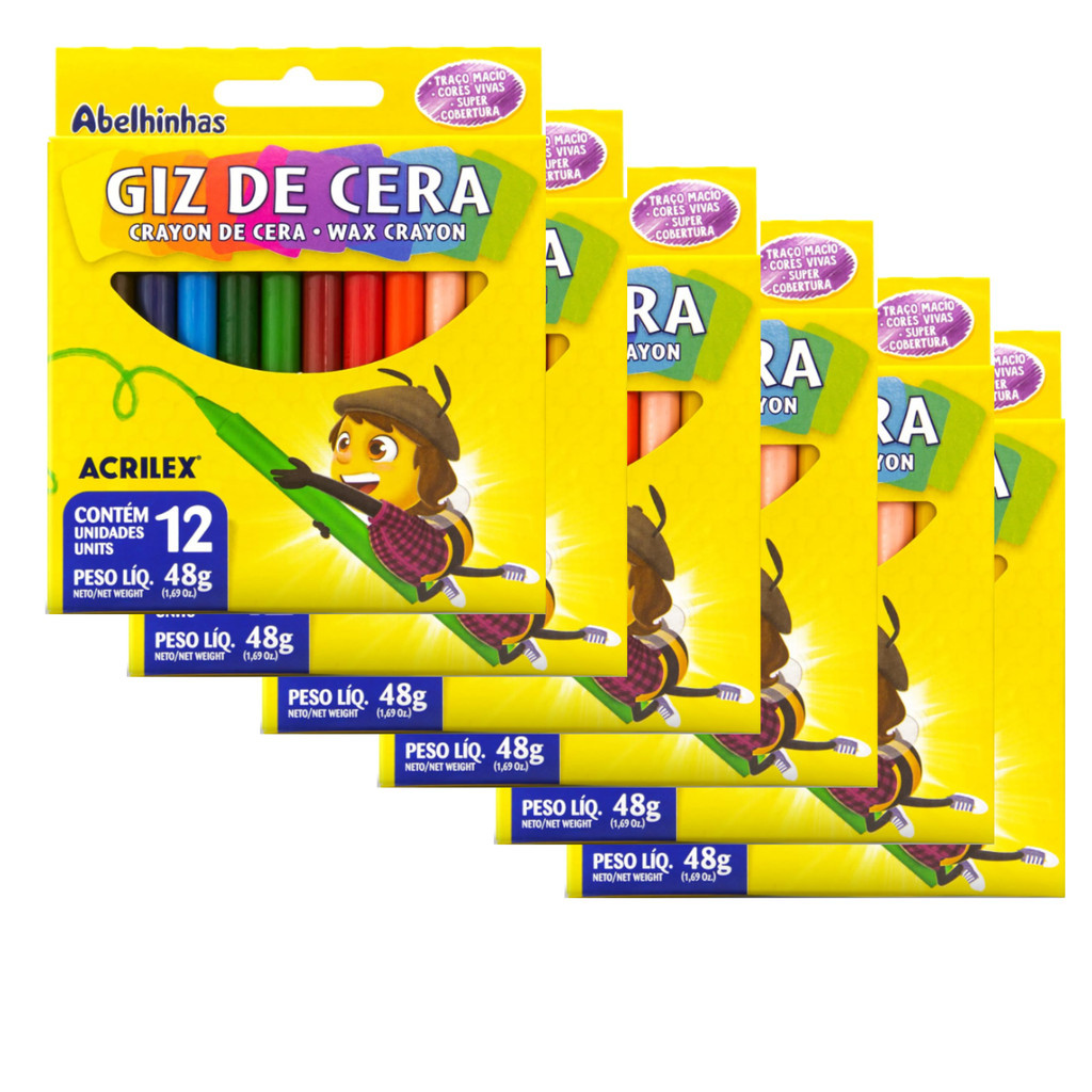 Kit 12 Caixas de Giz de Cera Acrilex 12 Cores