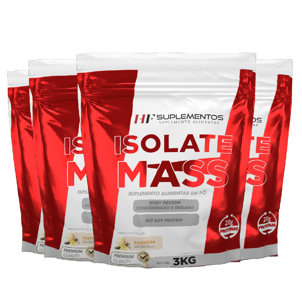Kit 4 unidades Hipercalórico Isolate Mass 3KG Baunilha HF Suplementos – Energia e suporte para treino!