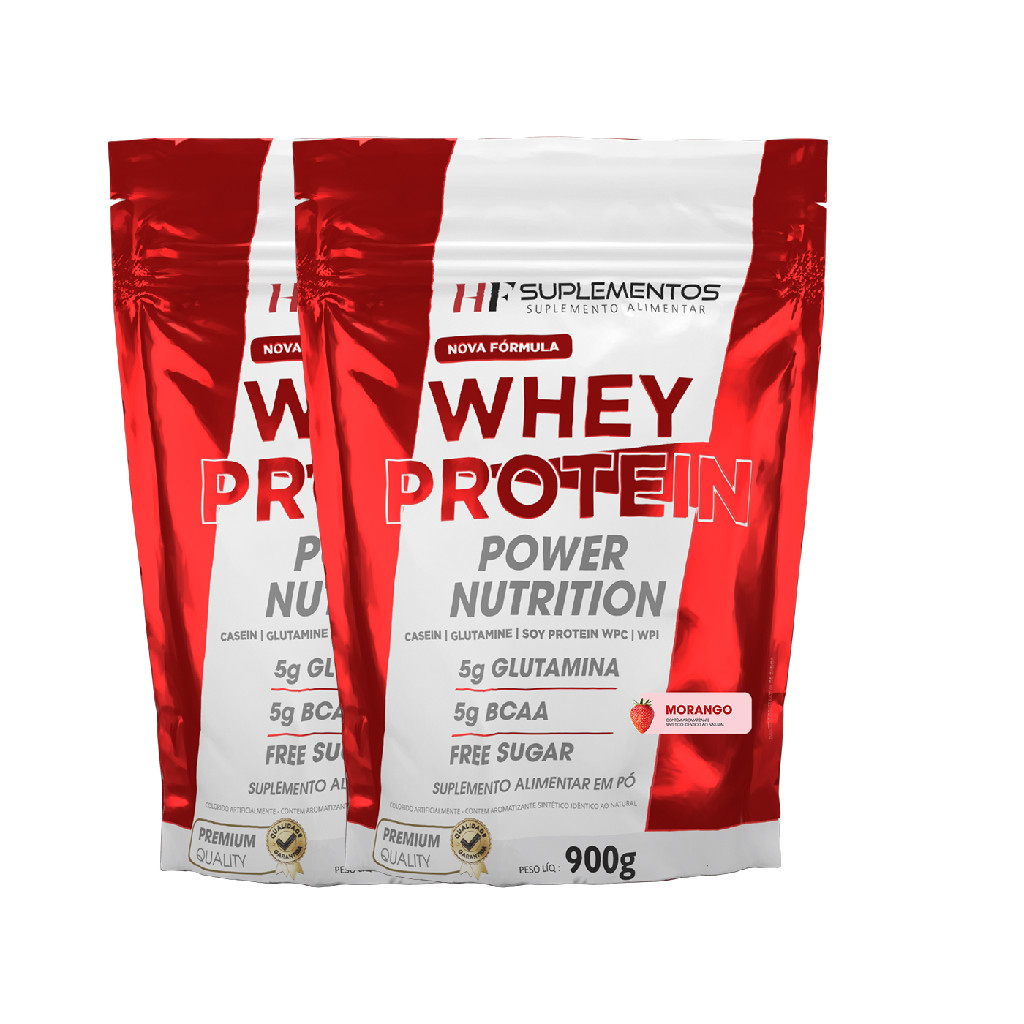 Whey Protein Power Nutrition Morango 900g Em Pó Kit 2 unidades HF Suplementos – Massa Muscular e Reposição de Energia!