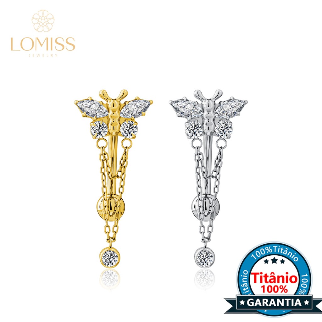 Piercing Umbigo Banana Titânio Pvd Borboleta Zircônias Cravejadao Com Pingente em Oferta na Shopee