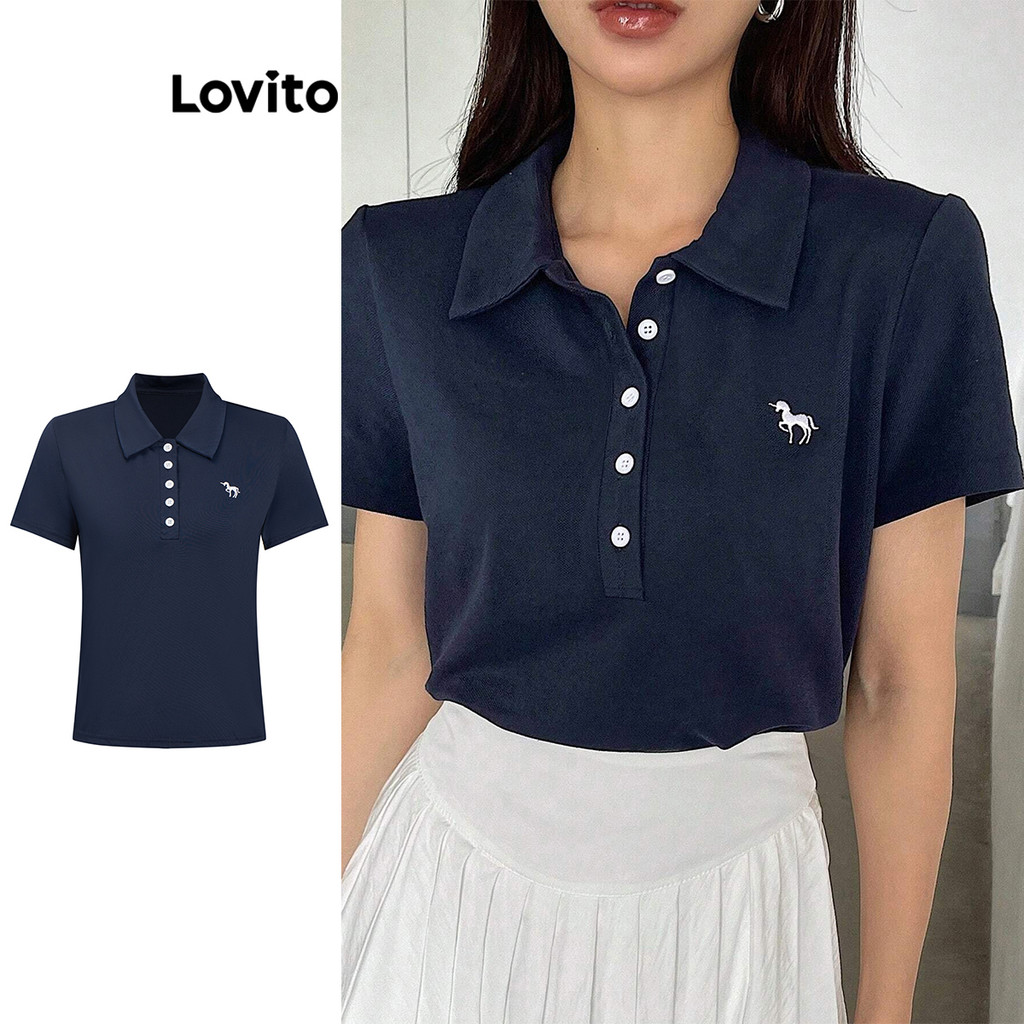Lovito Camiseta Casual Com Botão De Laço Liso Para Mulheres L105MD633 em Oferta na Shopee