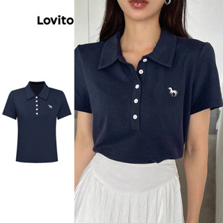 Lovito Camiseta Casual Com Botão De Laço Liso Para Mulheres L105MD633 em Oferta na Shopee