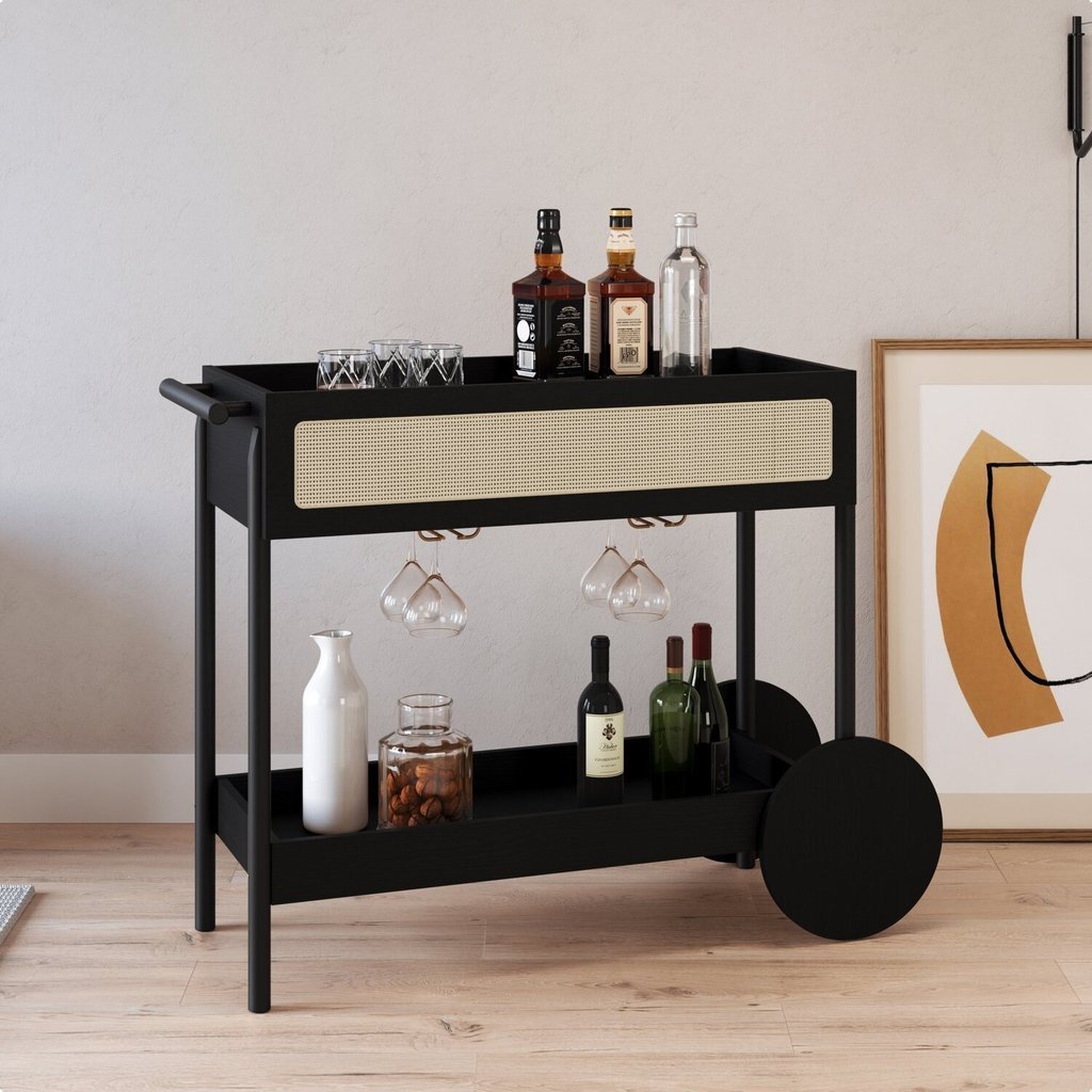 Carrinho Bar 1 Gaveta 112cm com Porta Taças Palhinha Pé Madeira Oslo Nero/Preto em Oferta na Shopee