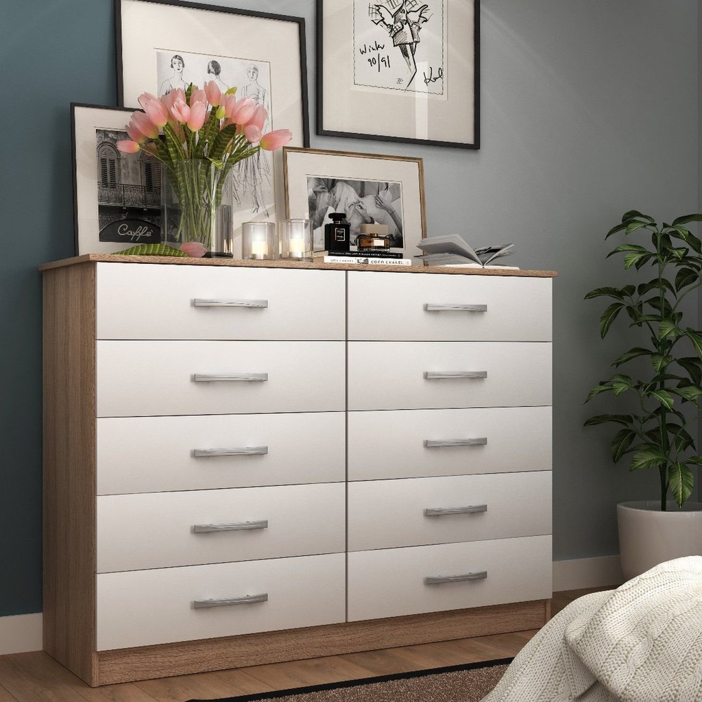 Cômoda para Quarto 10 Gavetas Premium Marbela Branco/Carvalho em Oferta na Shopee