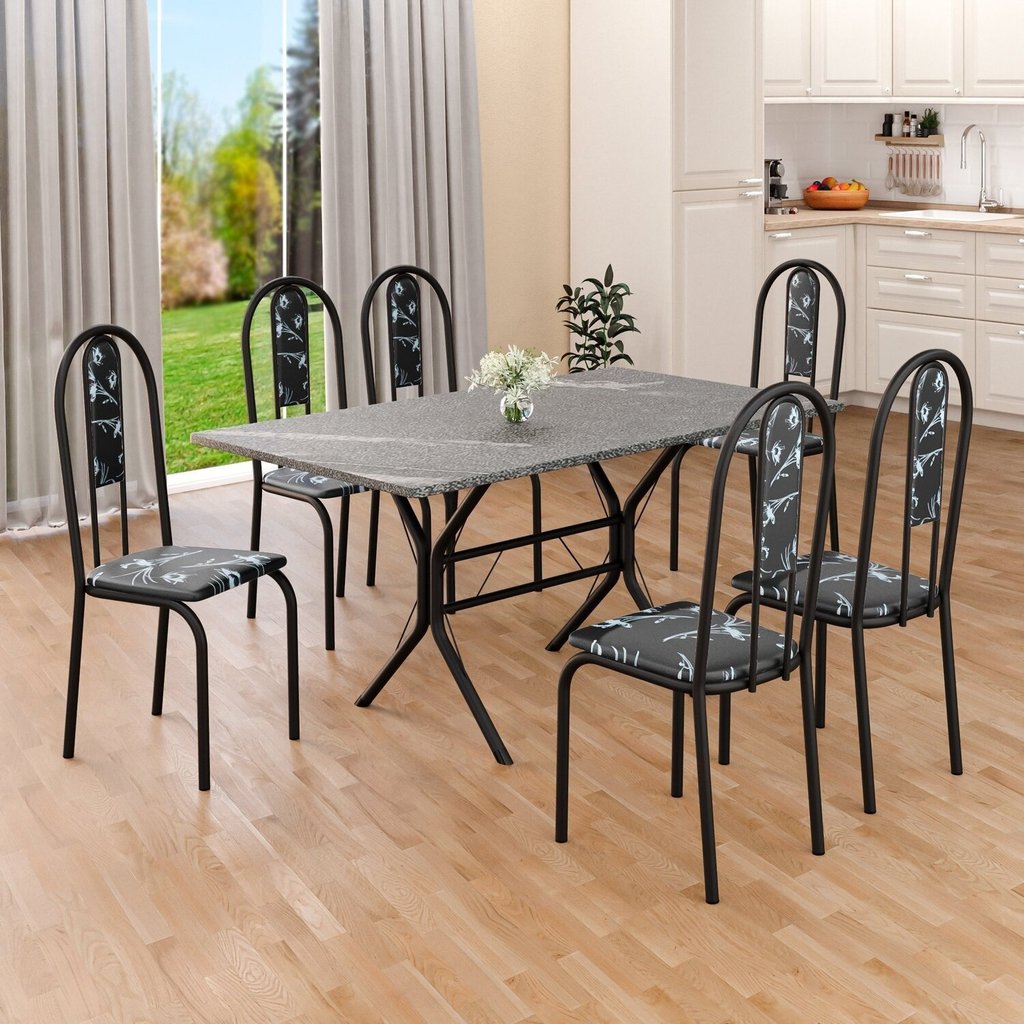 Conjunto Sala de Jantar Mesa Retangular 140x75cm Tampo Granito Topázio 6 Cadeiras Linda Yescasa Preto Floral/Preto em Oferta na Shopee