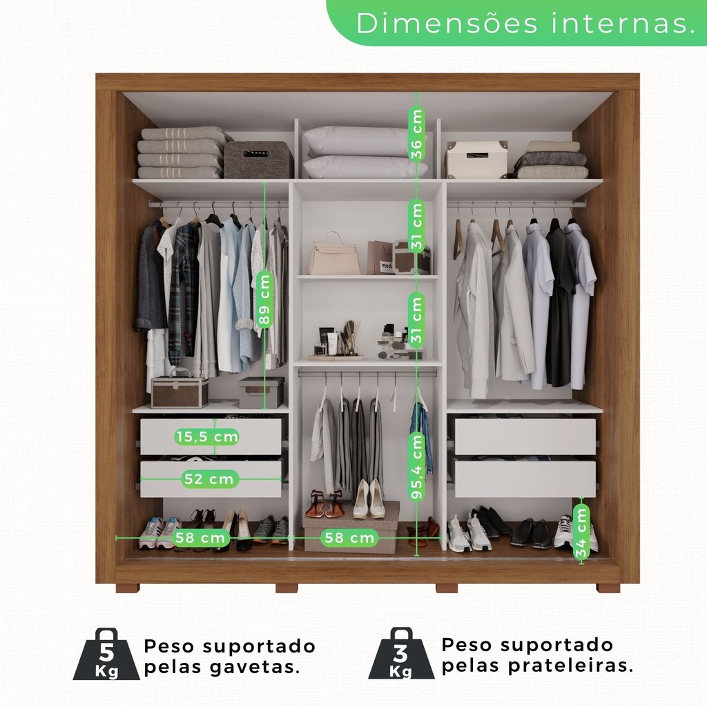 Detalhes do Guarda-roupa Casal com Espelho 3 Portas 4 Gavetas Costa Rica Cinamomo/Off-White