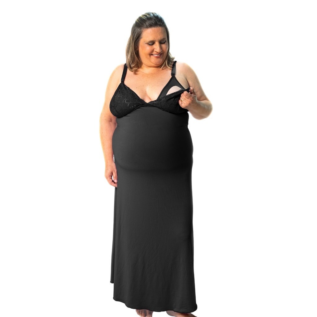 Camisola Longa Amamentação Plus Size Gestante com Renda para Pós-Parto