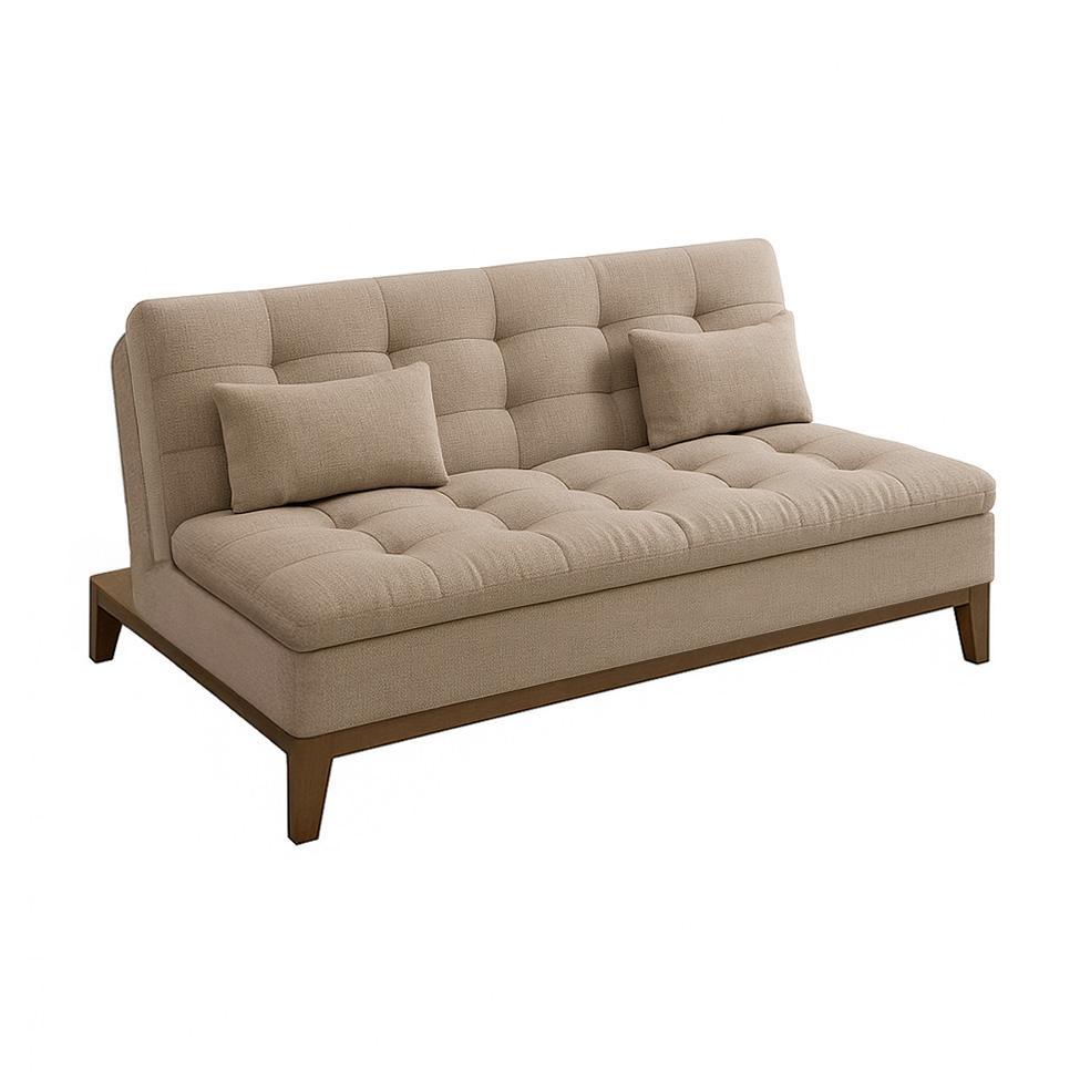Sofá-Cama Casal 3 Lugares Premium Base e Pés de Madeira Linho Bege em Oferta na Shopee