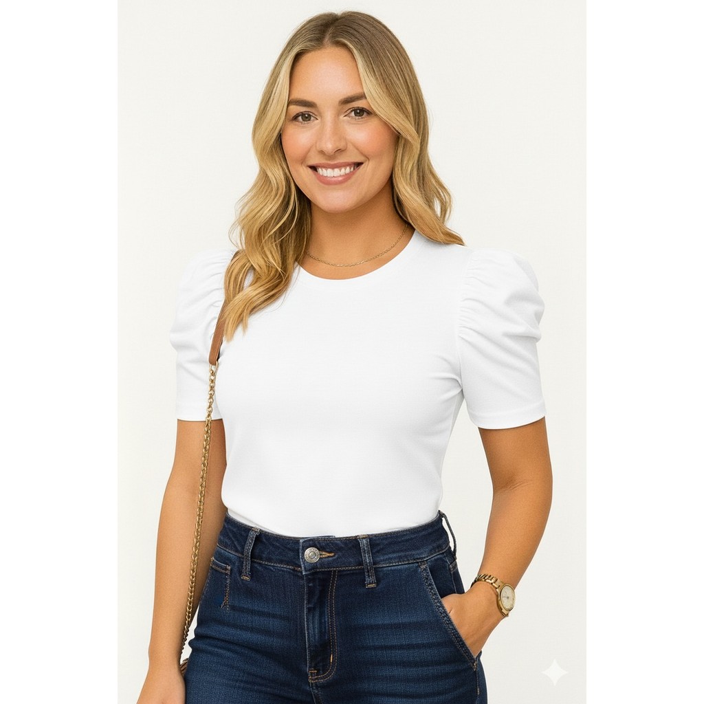 blusa feminina canelada elastano manga curta bufante lançamento