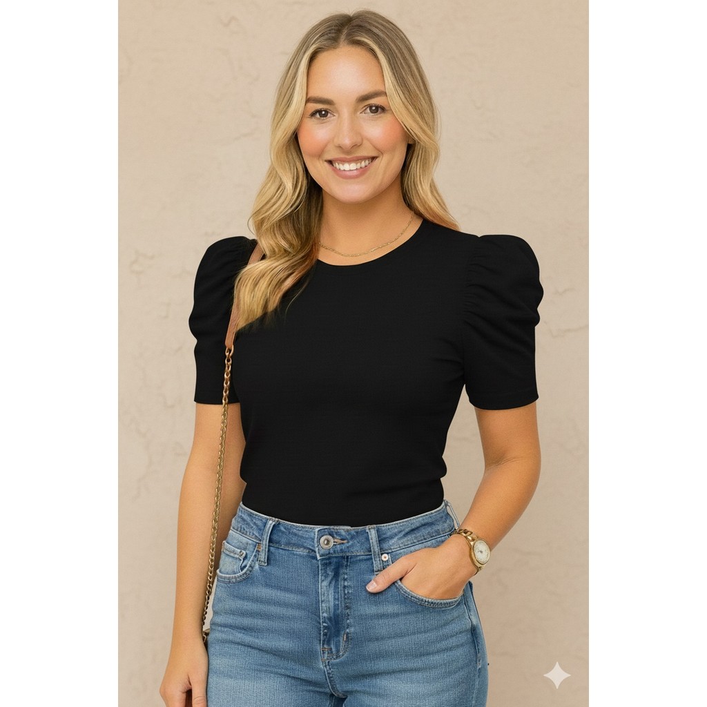 blusa feminina moda canelada elastano estica manga curta bufante moderna