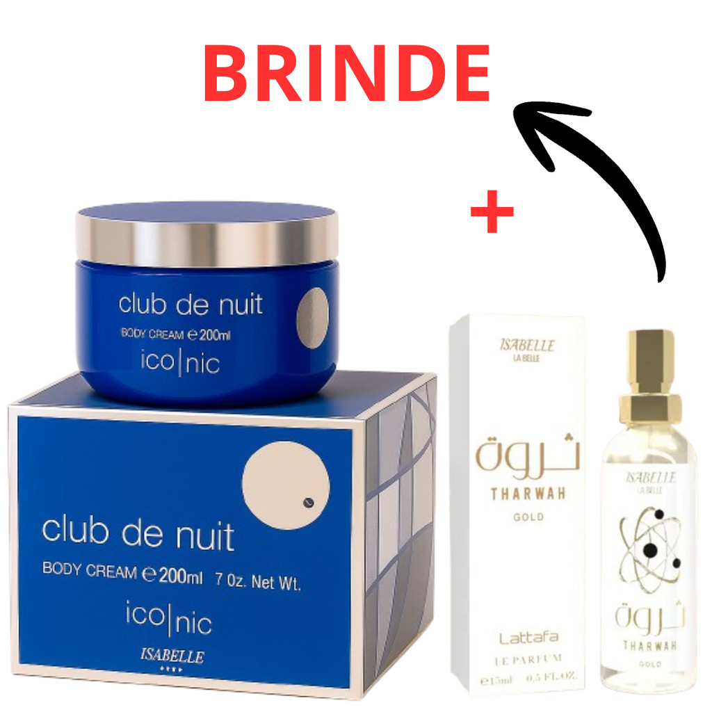 Kit Creme Club de Nuit Iconic Pote e + Perfume Arabe Tharwah Gold 15ml Hidratante Corporal 200ml