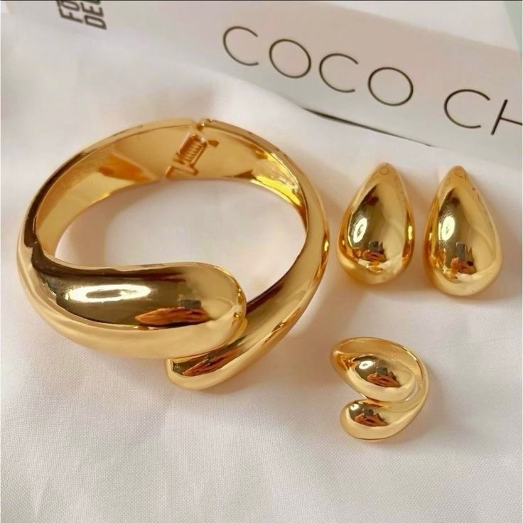 Conjunto Bracelete Brinco e Anel Gota Duplo Moda Luxo Duo Dourado Prata