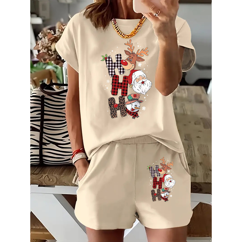 Conjunto de calções de manga curta com estampado de leopardo e renas de Natal para mulheres - Estampado, Envio Rápido