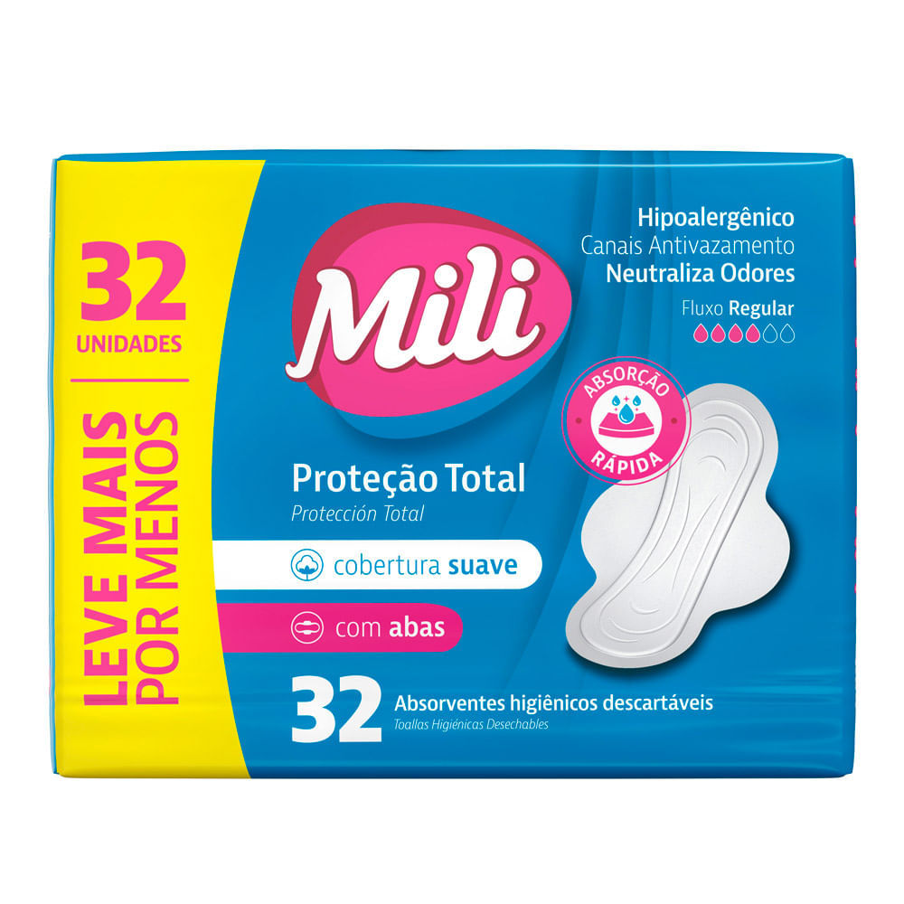 Absorvente Mili Proteção Total Cobertura Suave com Abas com 32 Unidades Leve Mais Por Menos