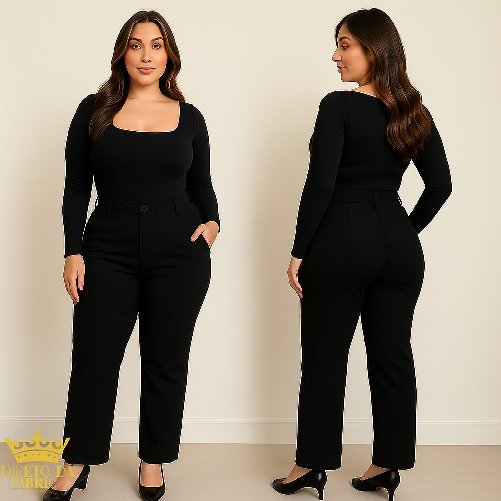Kit 2 Calças Alfaiataria Preta Feminina Uniforme Social Com Ziper e Cós Alto Plus Size P ao G3