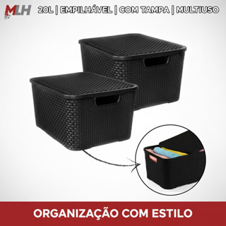Caixa Organizadora Rattan Preta 20L Empilhável com Tampa Multiuso Decorativa em Oferta na Shopee